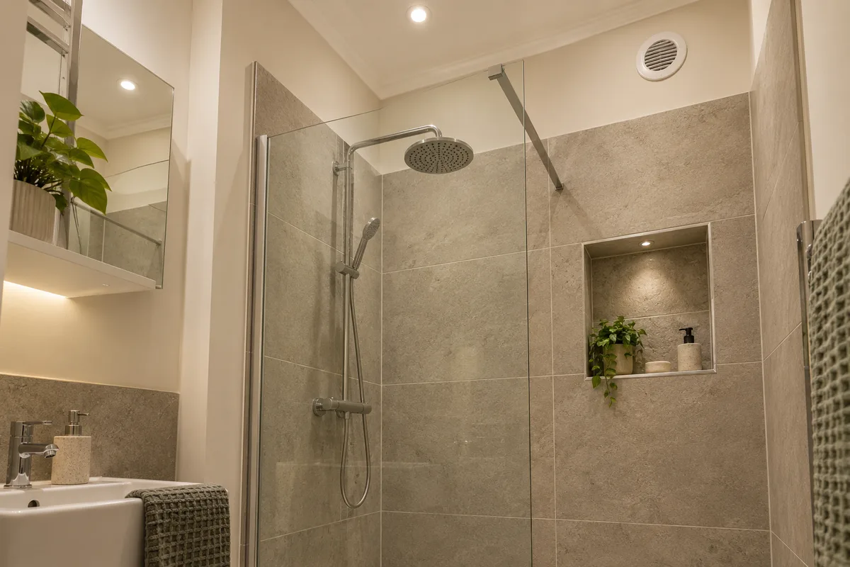 High wall extractor grille above a tiled shower and recessed niche