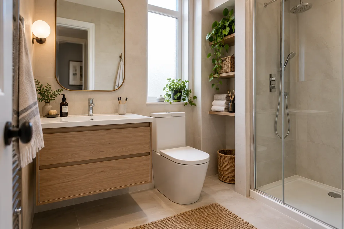 Oak vanity, warm ivory wall finish and open towel shelving