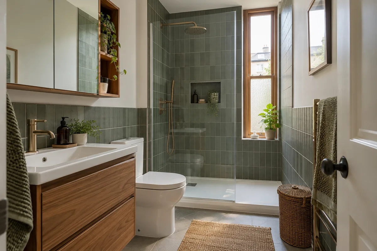 Compact tenement bathroom with dusky green shower tiles, small walnut vanity, mirror storage, clear shower screen and narrow timber window
