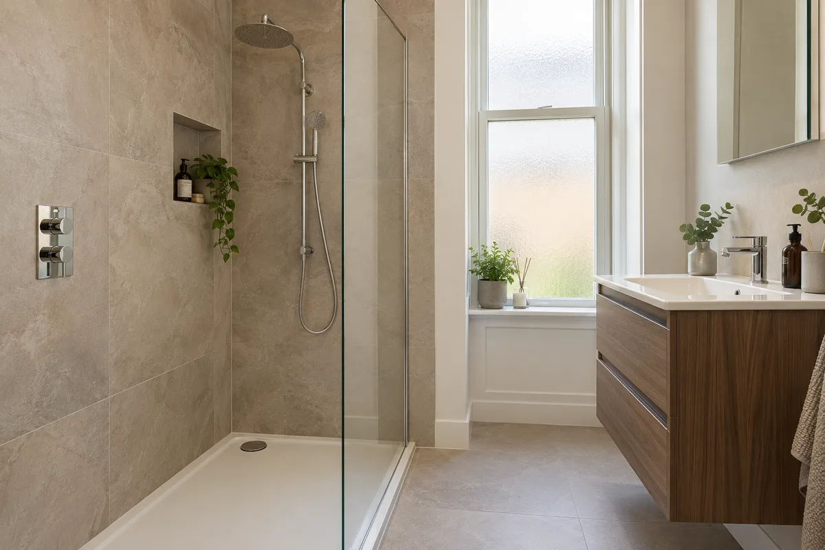 Stone-effect shower walls with a recessed niche and walnut vanity