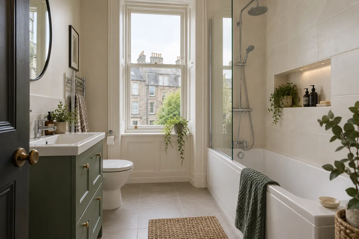 Fitted bath and green vanity beneath a tall timber window and simple cornice