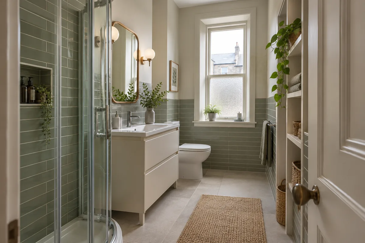 Compact tenement bathroom with sage horizontal tiles, compact corner shower, cream drawer vanity, towel alcove, older Scottish flat with modest window