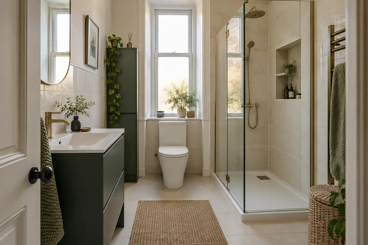 Compact tenement bathroom with cream tiles, forest-green slim vanity, practical clear glass shower cubicle with niche, traditional high ceiling