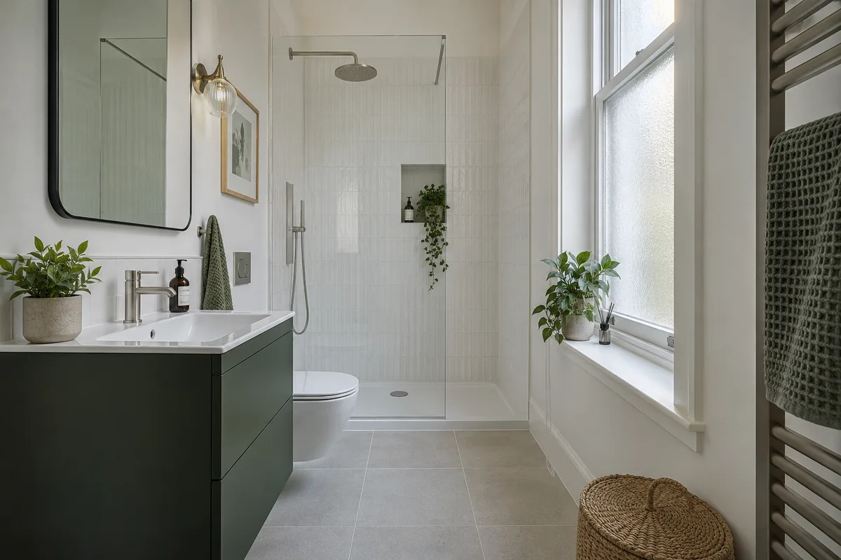Compact shower room with a low-profile tray, green vanity and tall window