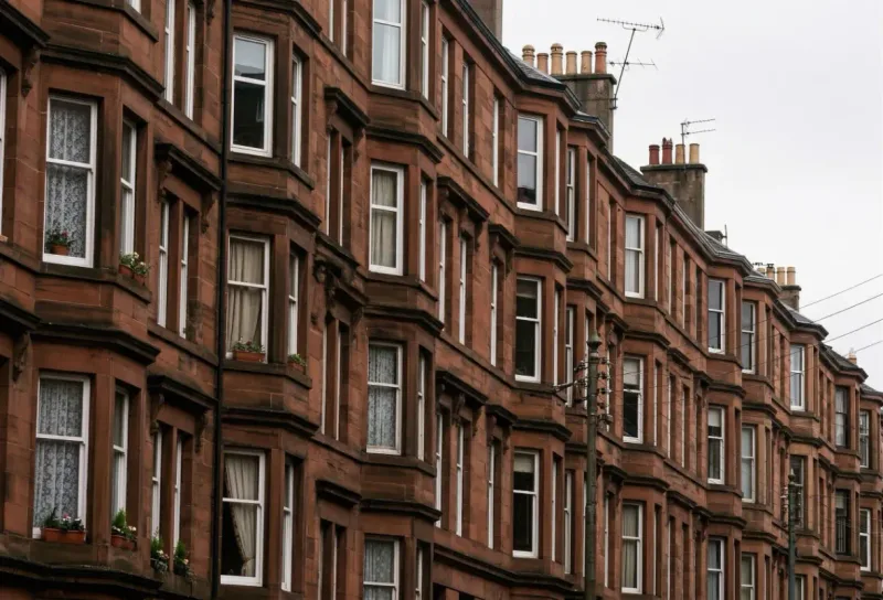 Red sandstone tenements with bay windows and shared entrances