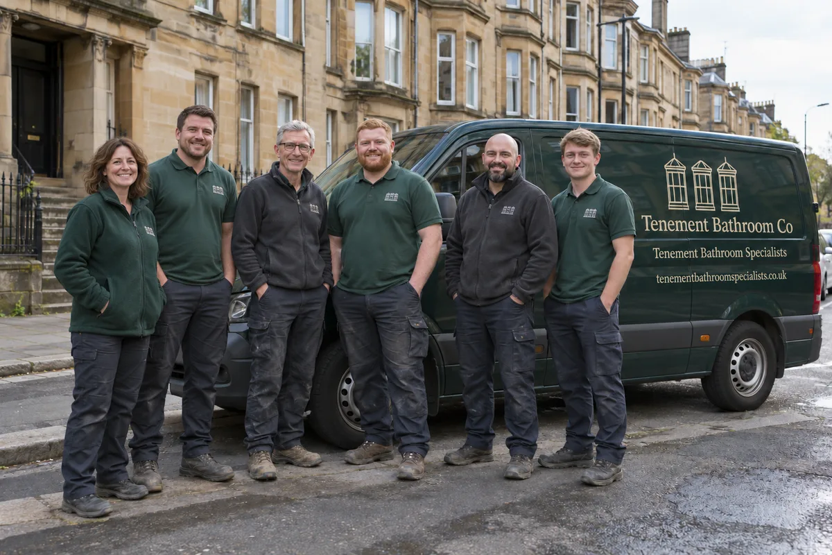Bathroom team beside a branded van outside sandstone tenements