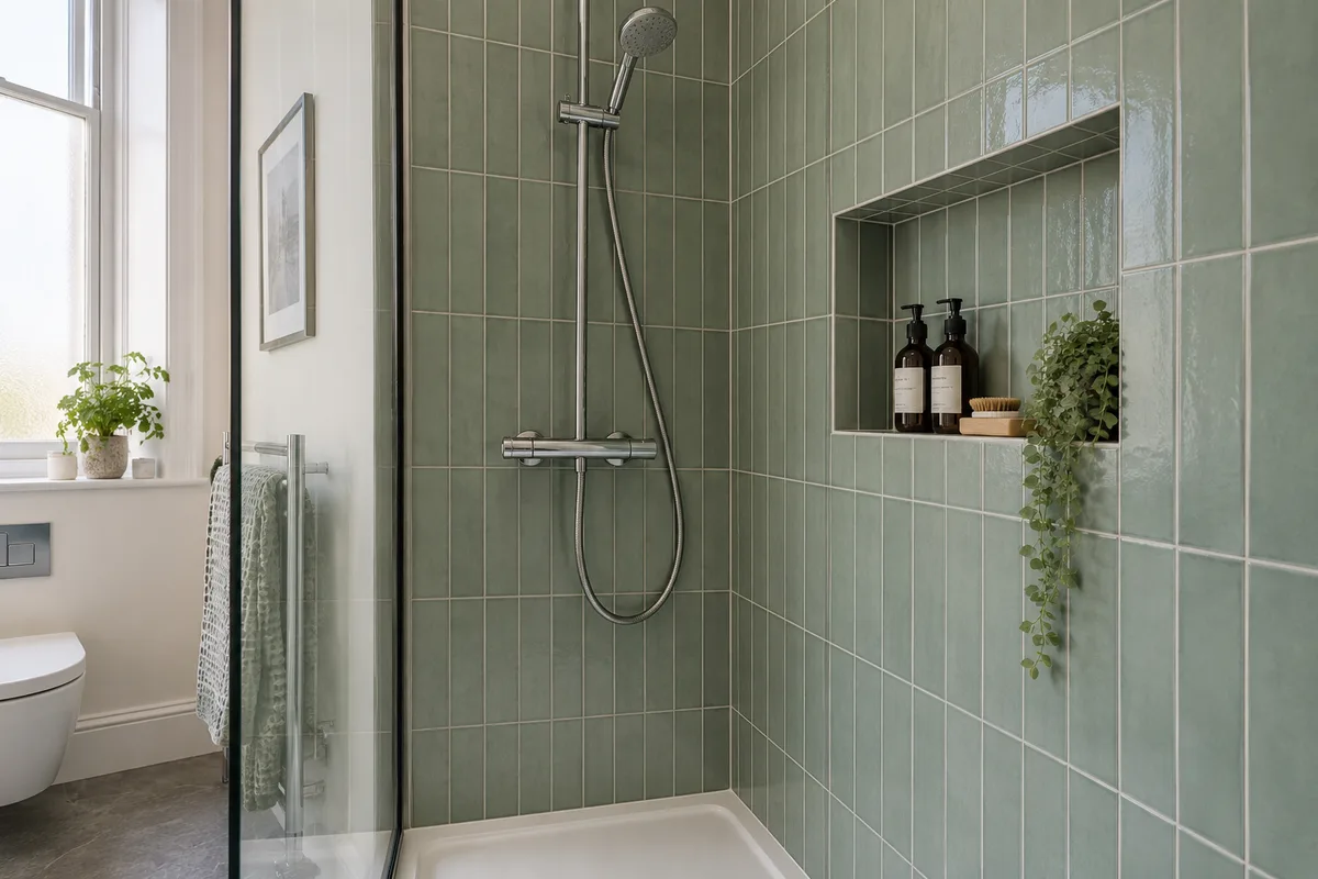 Green tiled shower wall with chrome fittings and a recessed storage niche