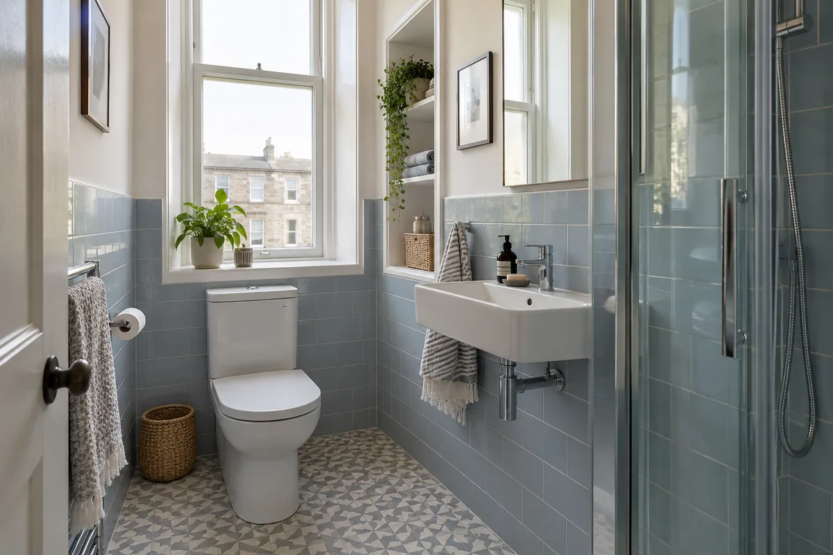 Compact toilet and slim wall-hung basin with powder-blue wall tiles
