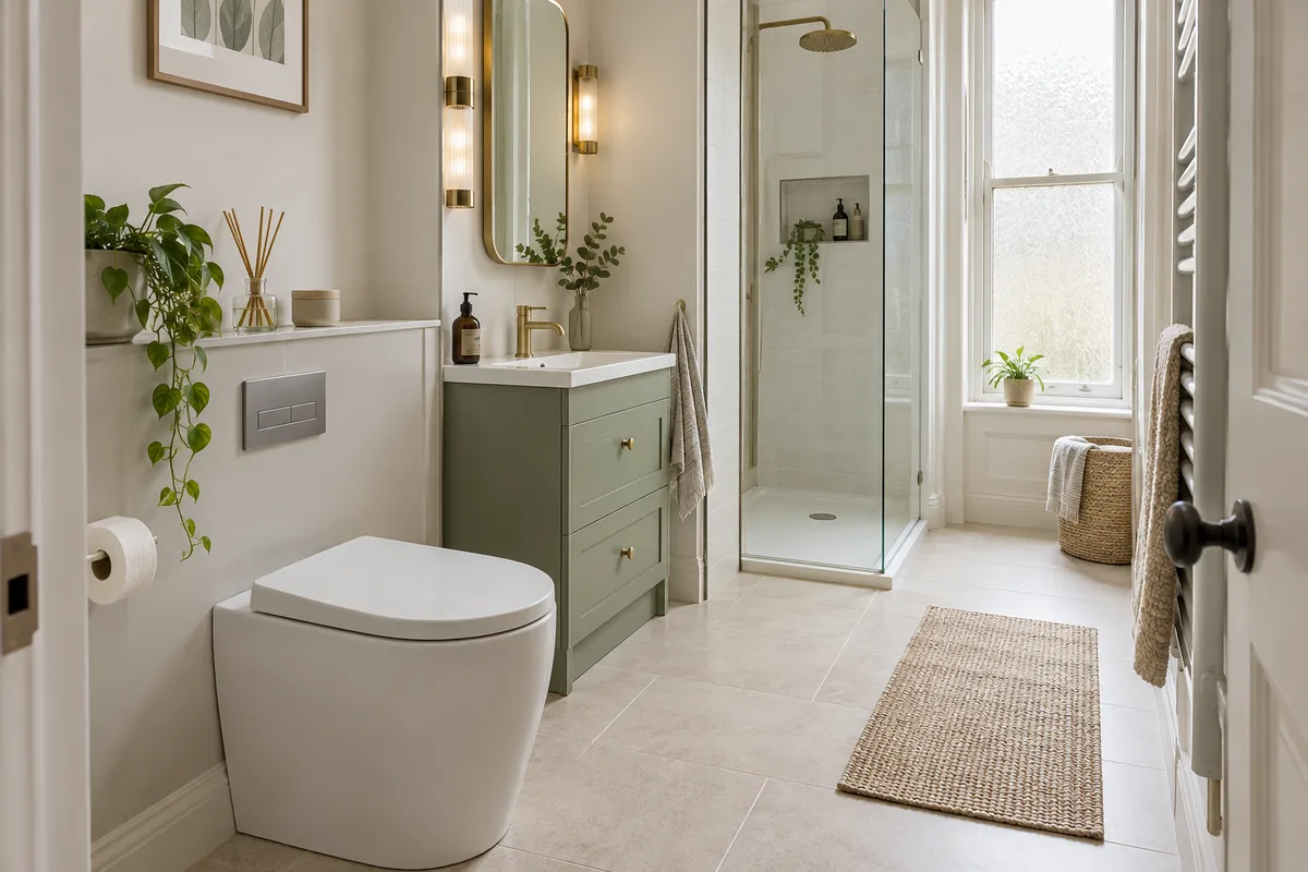 Back-to-wall toilet beside a sage vanity in a narrow tenement shower room