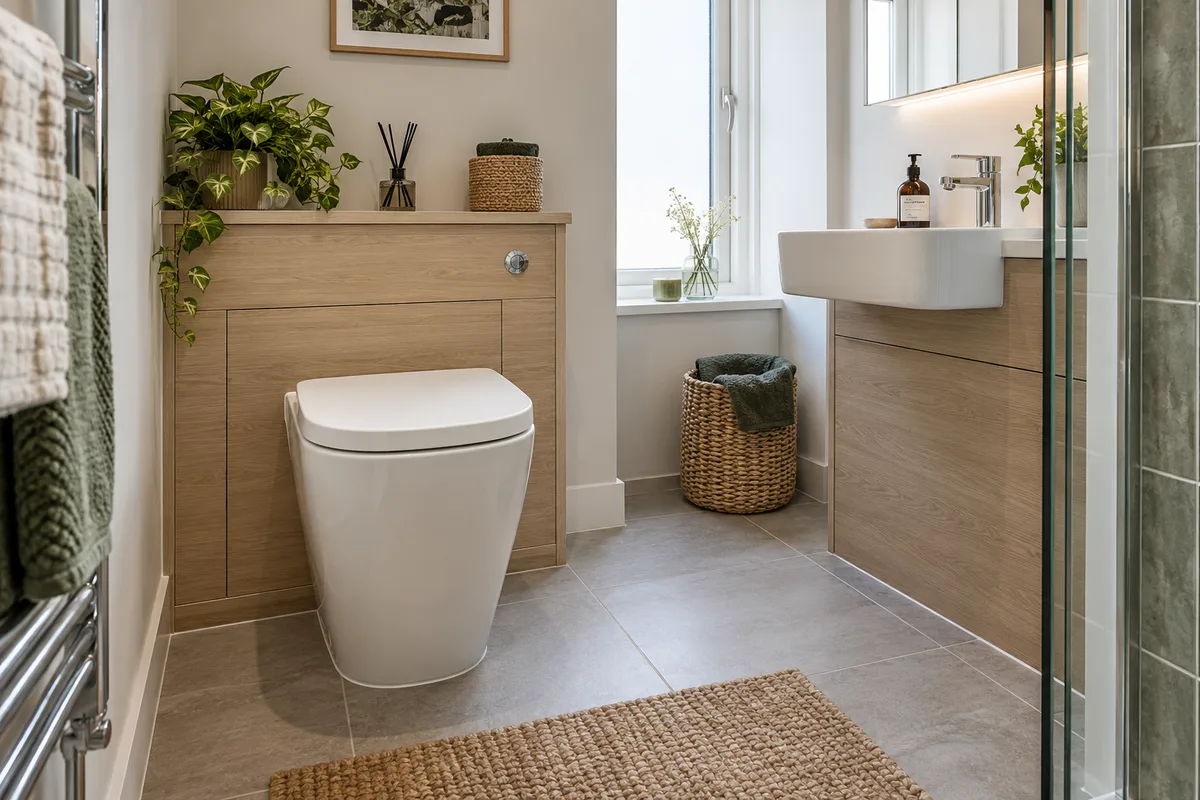 Toilet against oak service boxing beside a compact basin cabinet