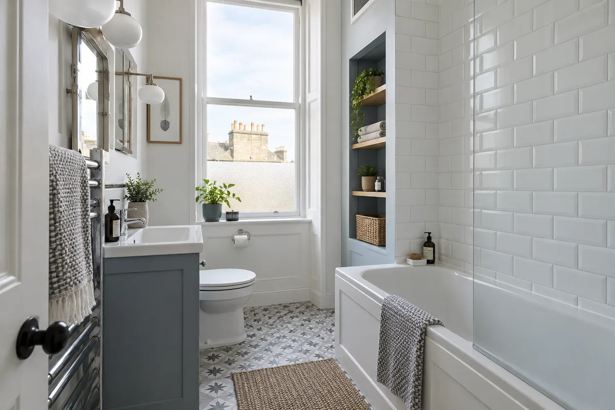 Tenement bathroom with a fitted bath and rooftops visible above the frosted window