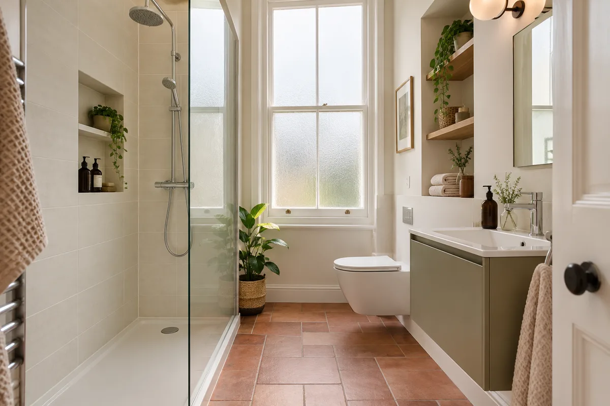 Narrow shower room with terracotta floor tiles and wall-hung storage