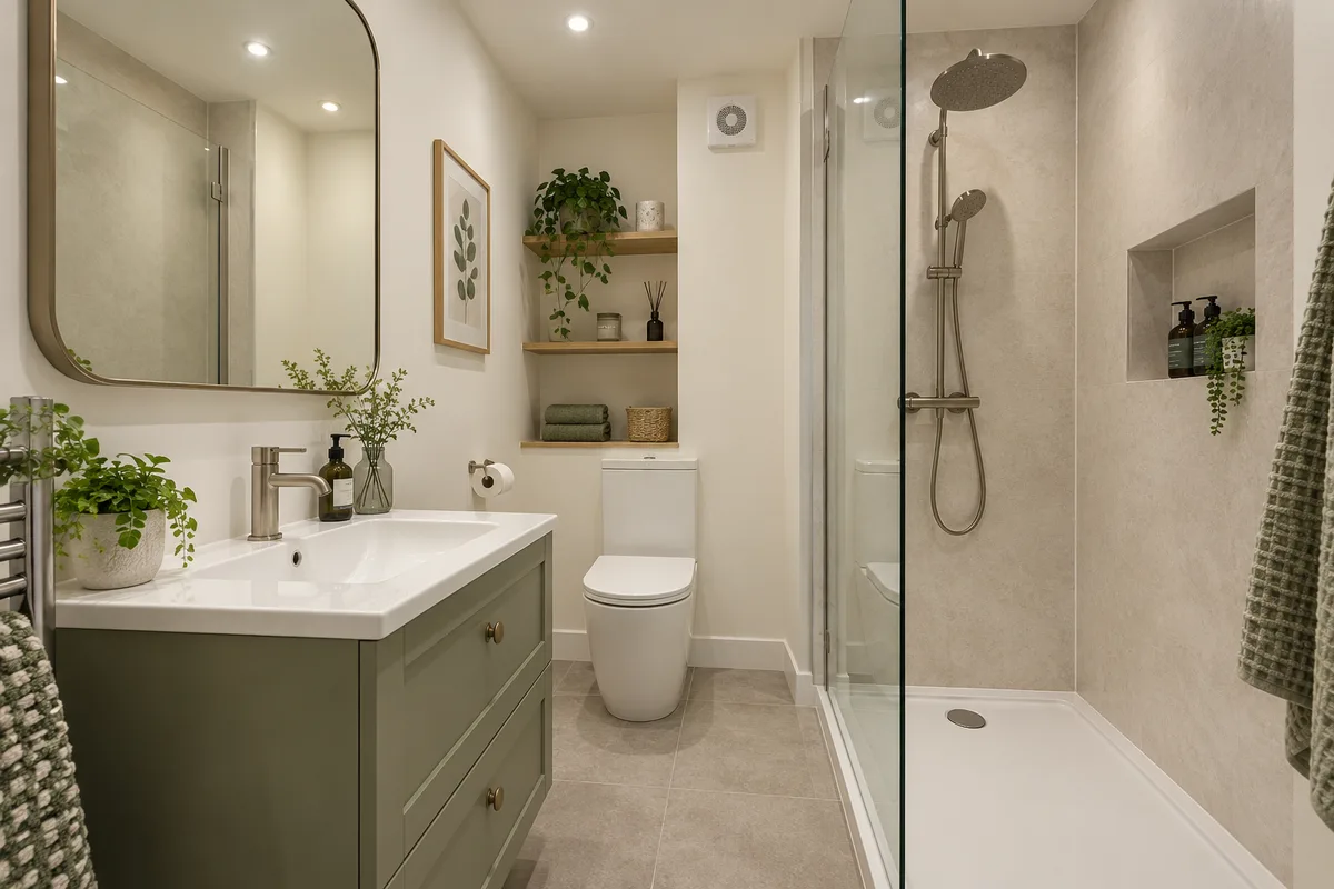 Windowless shower room with a sage vanity, ceiling lighting and wall extractor