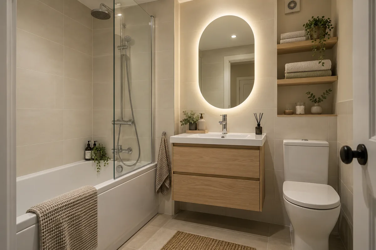 Windowless bathroom with a fitted bath, oak vanity and illuminated mirror